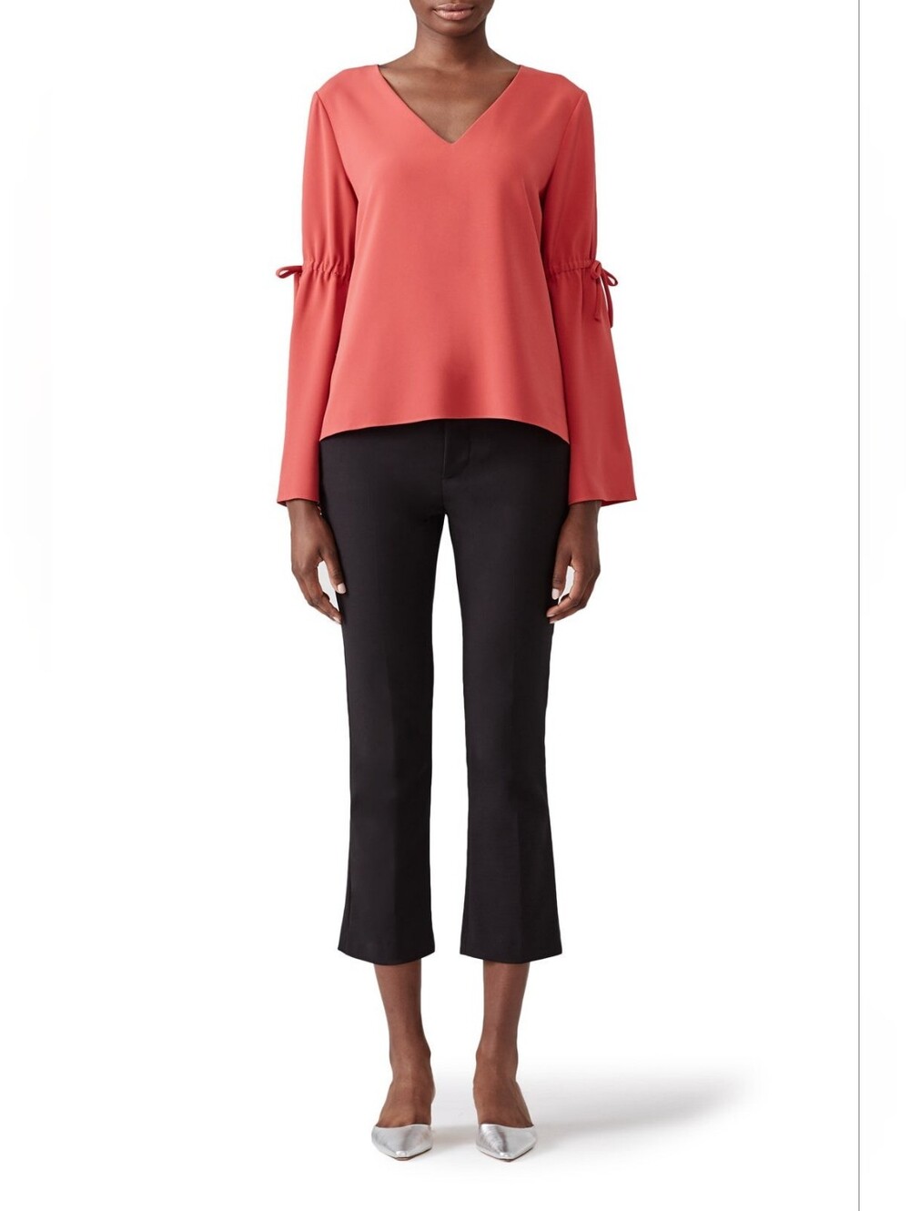 Cooper & Ella Trumpet Sleeve V Neck Ribbon Blouse